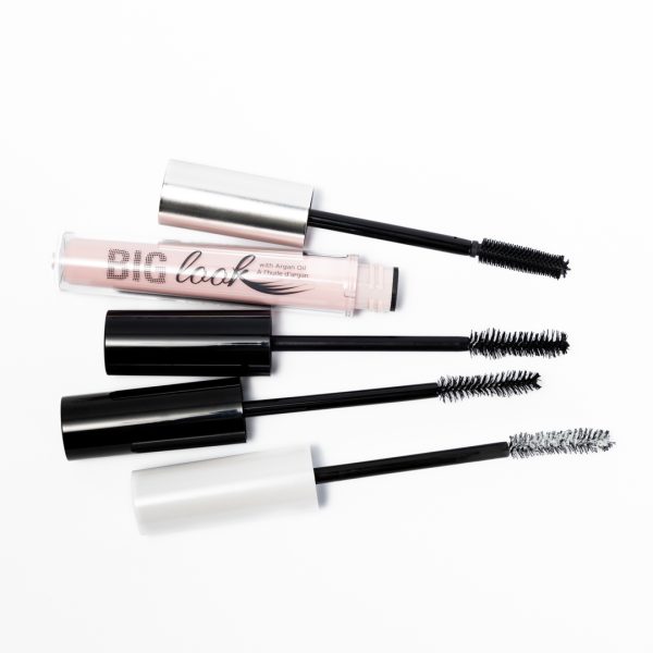 Big look, bio charged, fully charged mascara and primer - flat lay with wands - white. 1080x1080 72